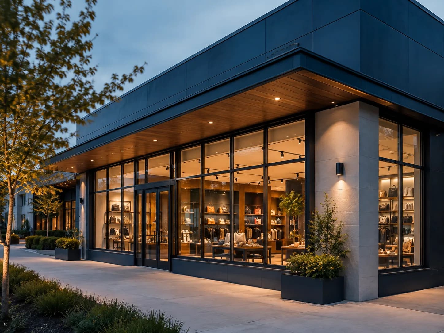 A lit retail storefront at dusk